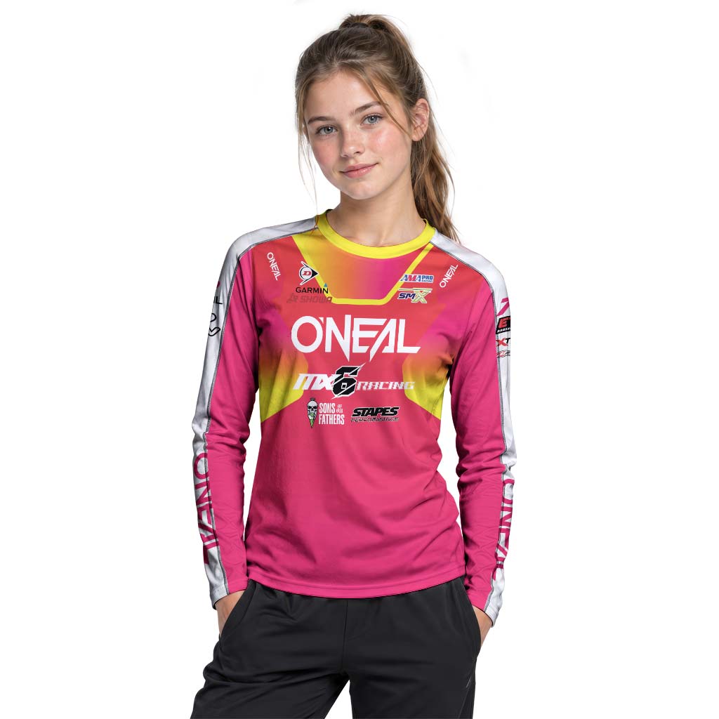 Derek Kelley #77 O'Neal MX6 Racing Red Pink Youth Long Sleeve Motocross Jersey – Girl Lifestyle View