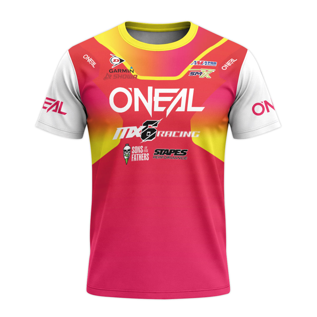 Derek Kelley #77 O'Neal MX6 Racing Red Pink Youth Short Sleeve Motocross Jersey – Front View Mockup