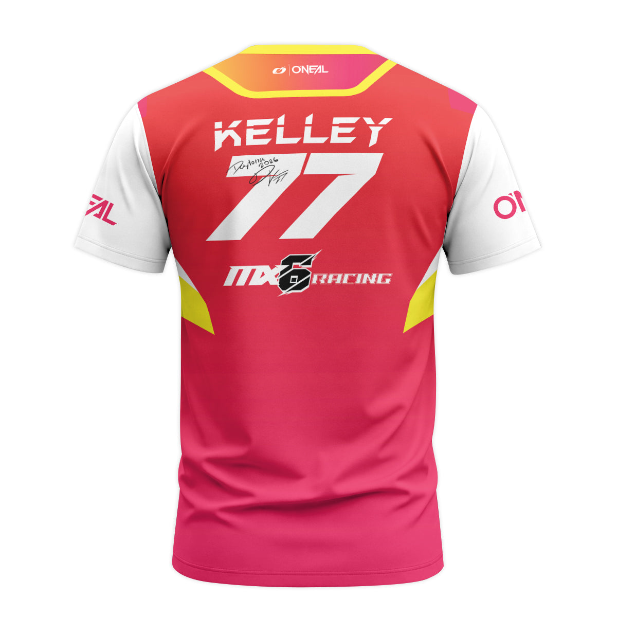 Derek Kelley #77 O'Neal MX6 Racing Red Pink Youth Short Sleeve Motocross Jersey – Back View Mockup