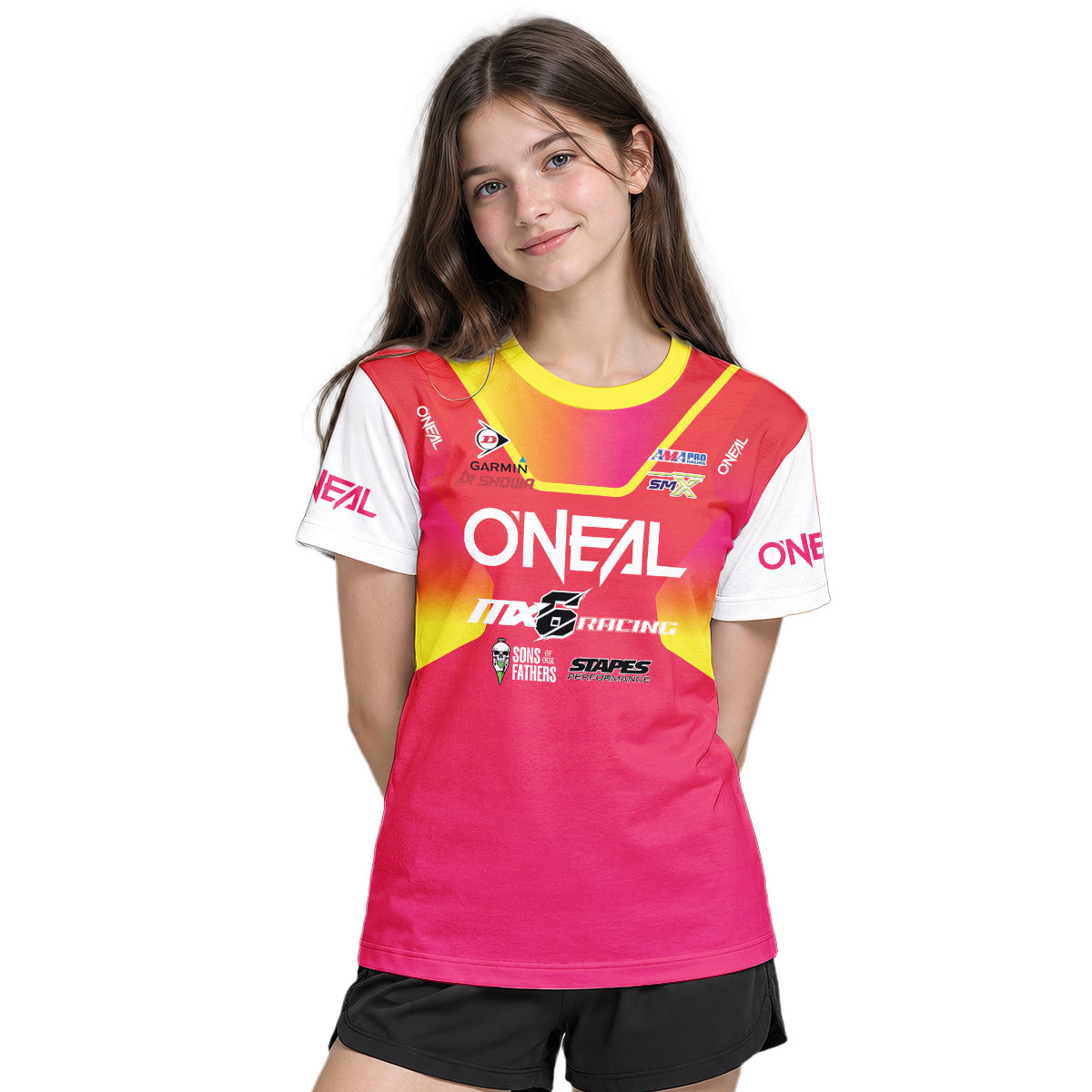 Derek Kelley #77 O'Neal MX6 Racing Red Pink Youth Short Sleeve Motocross Jersey – Girl Lifestyle View