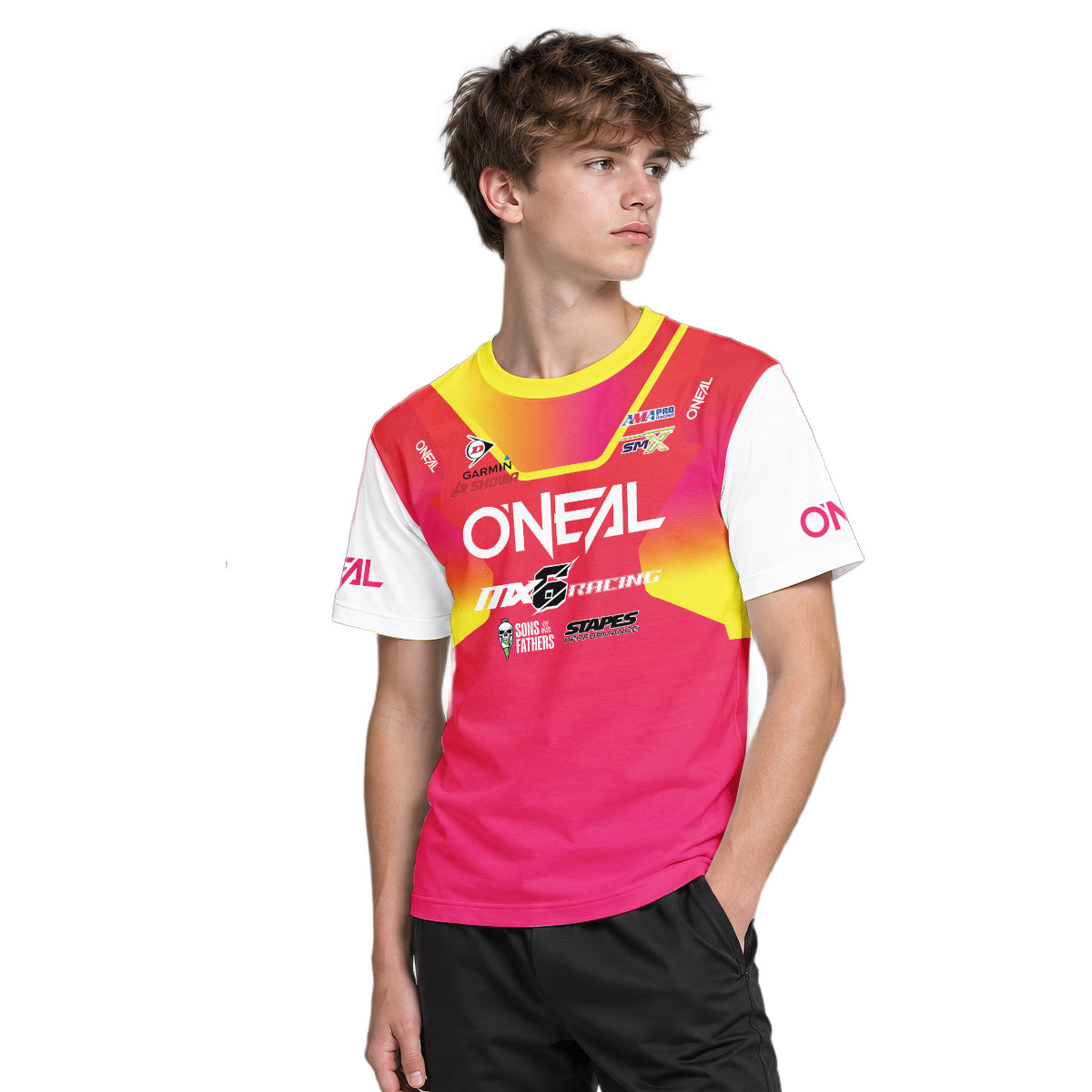 Derek Kelley #77 O'Neal MX6 Racing Red Pink Youth Short Sleeve Motocross Jersey – Boy Lifestyle View
