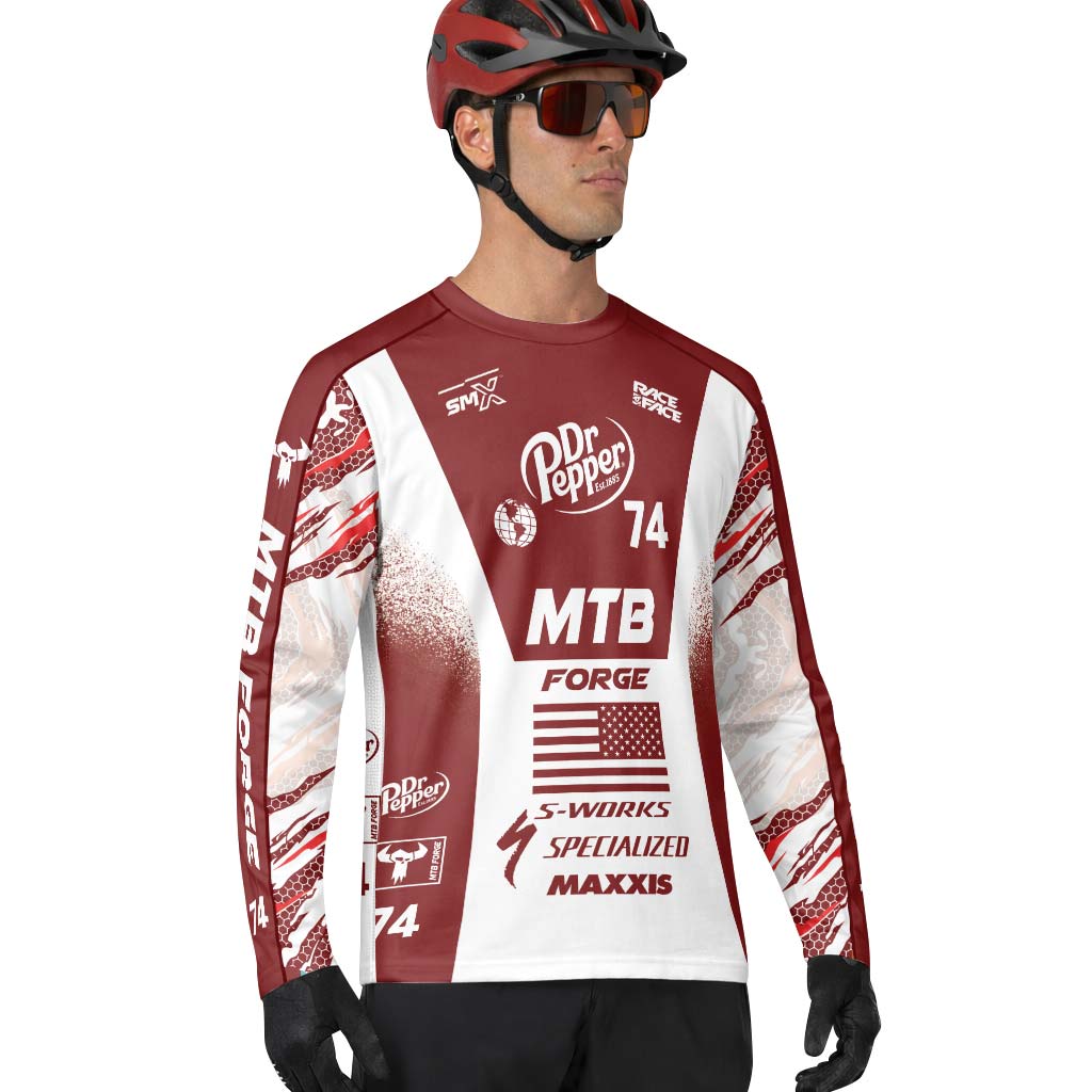 Dr Pepper Specialized 74 Red White Long Sleeve Mountain Bike Jersey – Lifestyle View