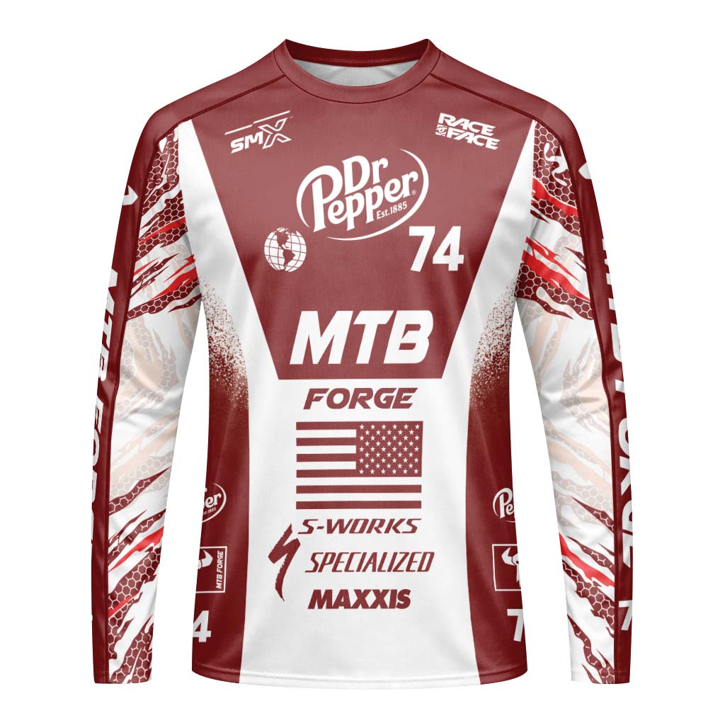 Dr Pepper Specialized 74 Red White Long Sleeve Mountain Bike Jersey – Front View Mockup