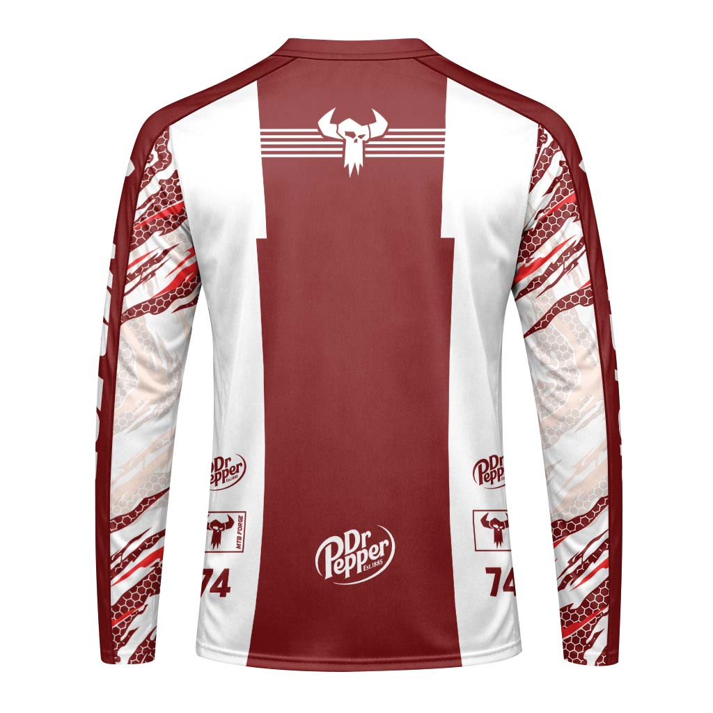 Dr Pepper Specialized 74 Red White Long Sleeve Mountain Bike Jersey – Back View Mockup