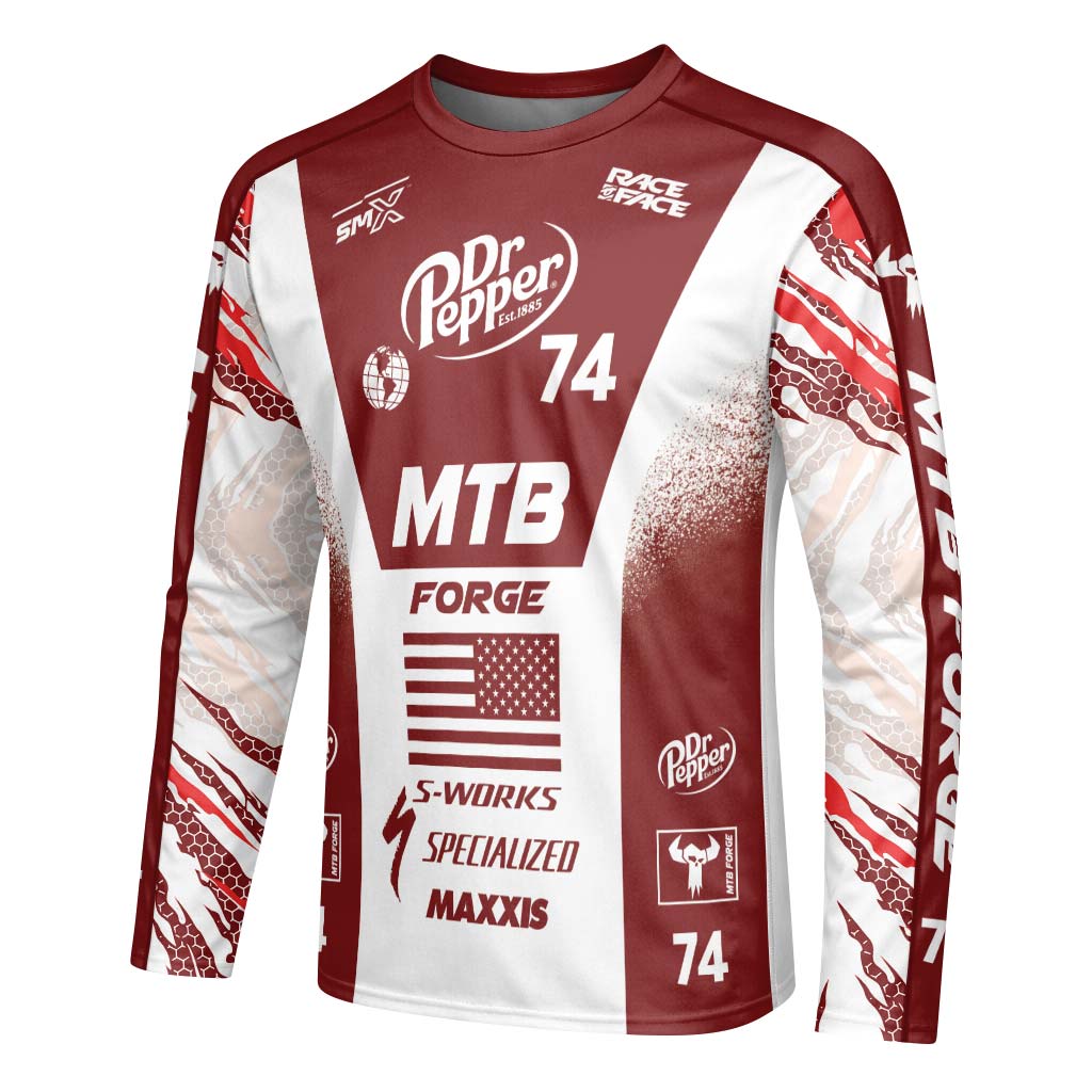 Dr Pepper Specialized 74 Red White Long Sleeve Mountain Bike Jersey – Left Side View Mockup