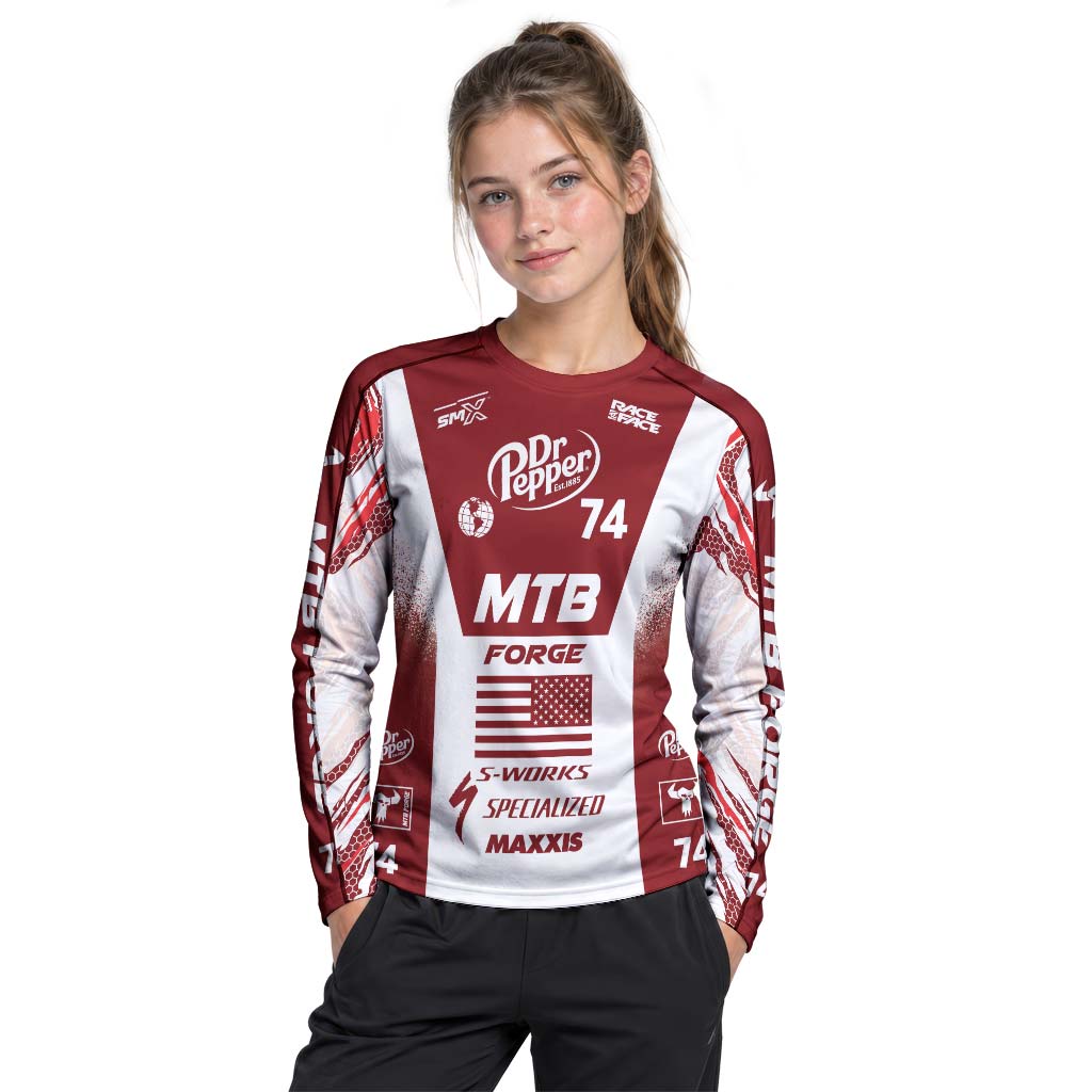 Dr Pepper Specialized 74 Red White Youth Long Sleeve Mountain Bike Jersey – Girl Lifestyle View