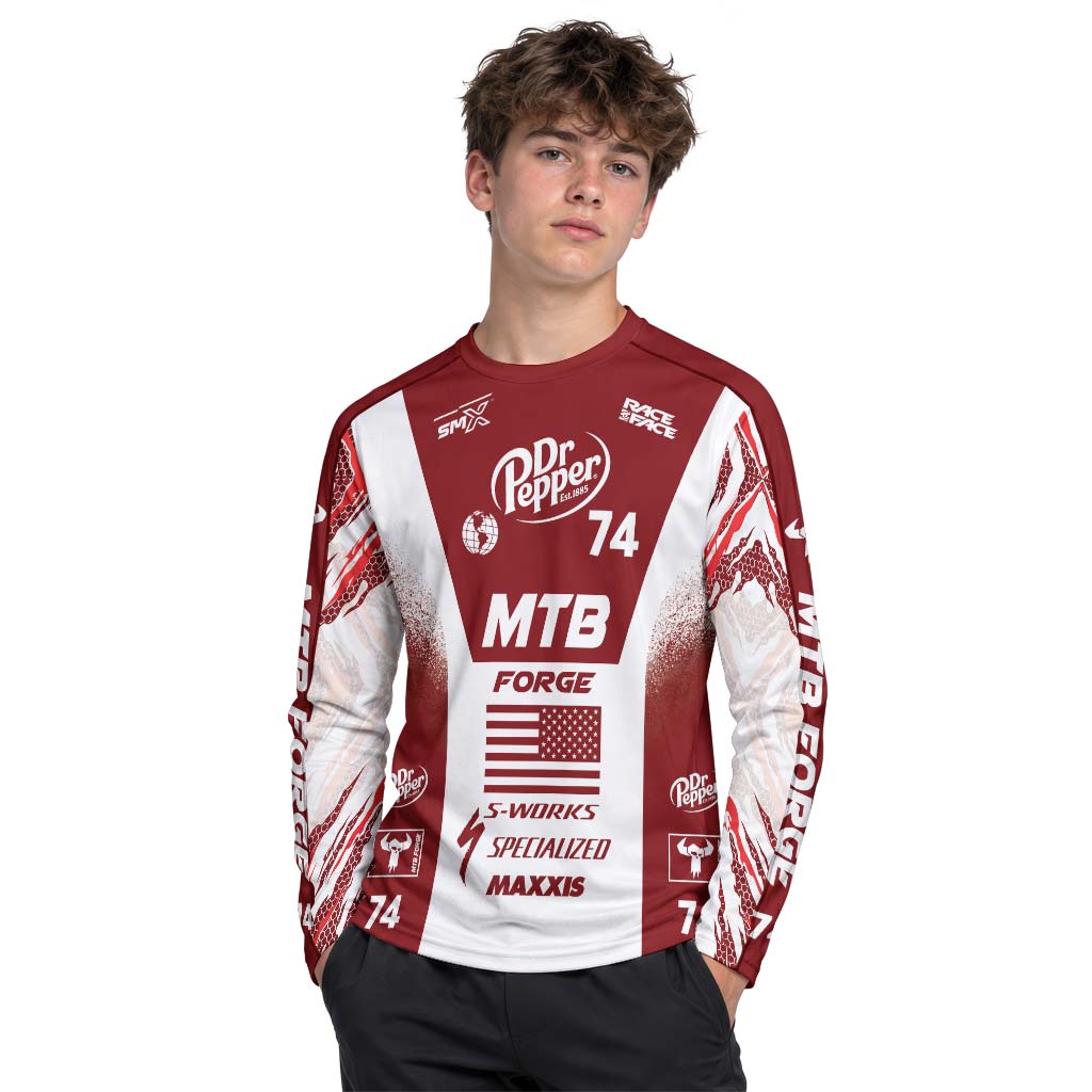 Dr Pepper Specialized 74 Red White Youth Long Sleeve Mountain Bike Jersey – Boy Lifestyle View