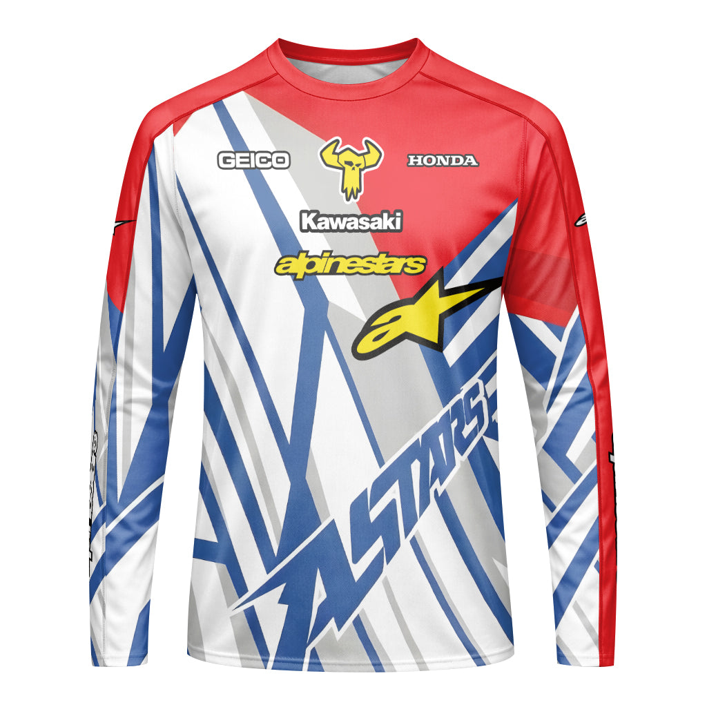 Eli Tomac #3 GEICO Honda Alpinestars Red Blue Long Sleeve Motocross Jersey – Front View Mockup