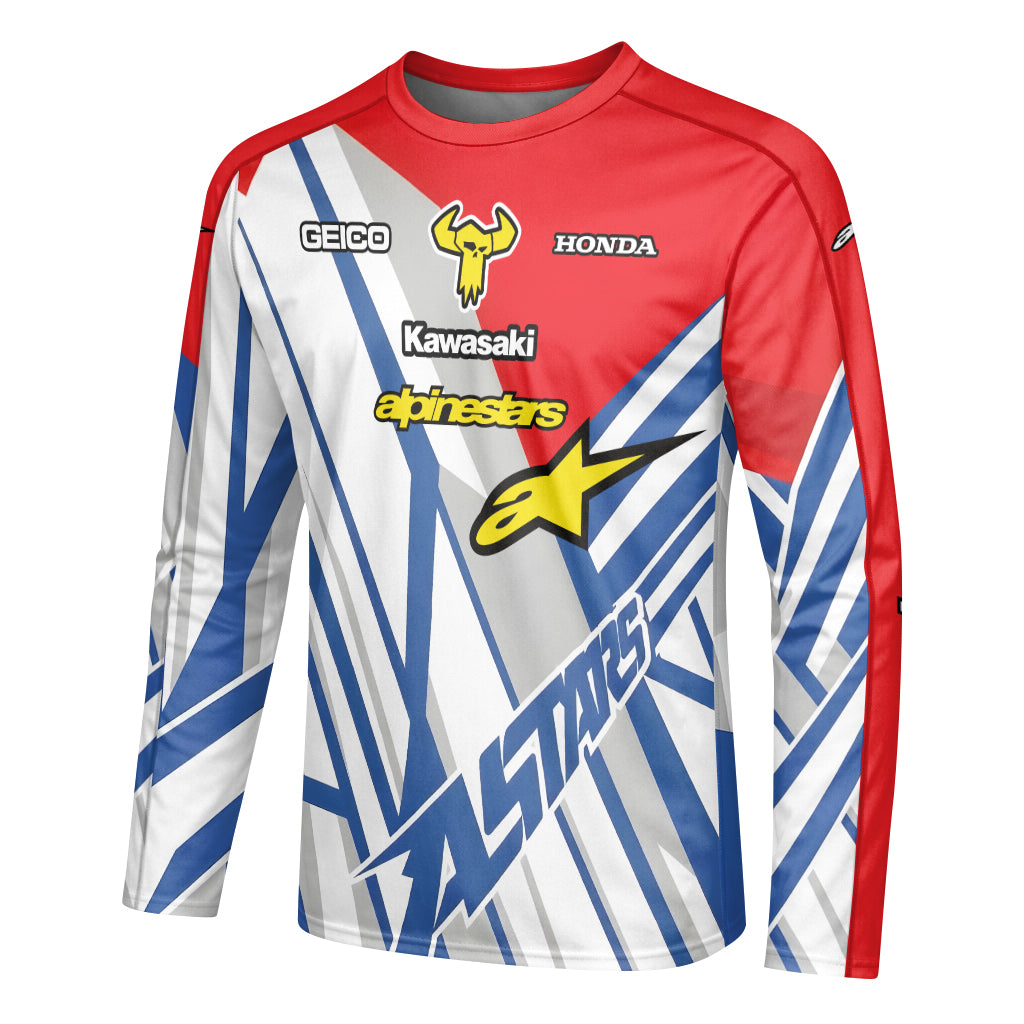 Eli Tomac #3 GEICO Honda Alpinestars Red Blue Long Sleeve Motocross Jersey – Left Side View Mockup