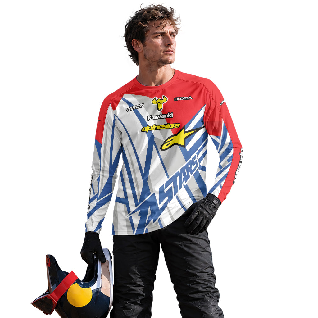 Eli Tomac #3 GEICO Honda Alpinestars Red Blue Long Sleeve Motocross Jersey – Lifestyle View