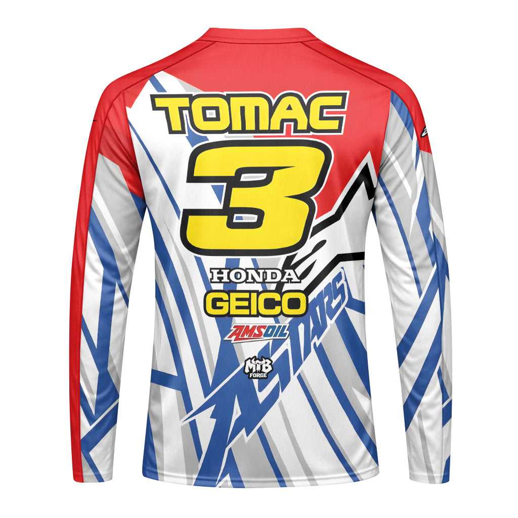 Eli Tomac #3 GEICO Honda Alpinestars Red Blue Long Sleeve Motocross Jersey – Back View Mockup