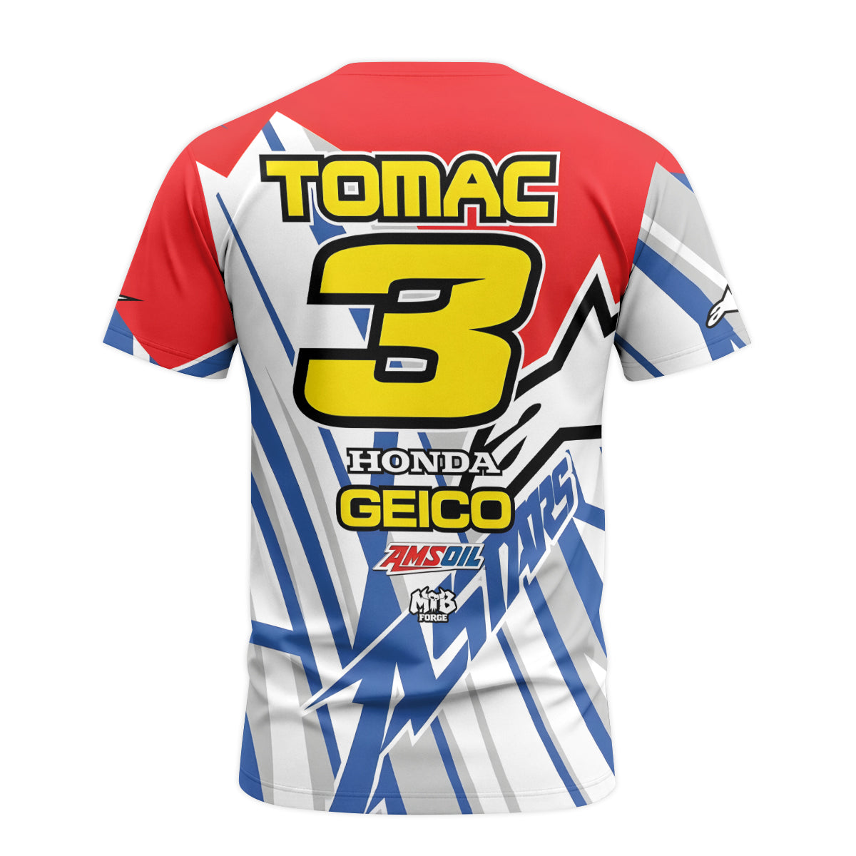 Eli Tomac #3 GEICO Honda Alpinestars Red Blue Short Sleeve Motocross Jersey – Back View Mockup