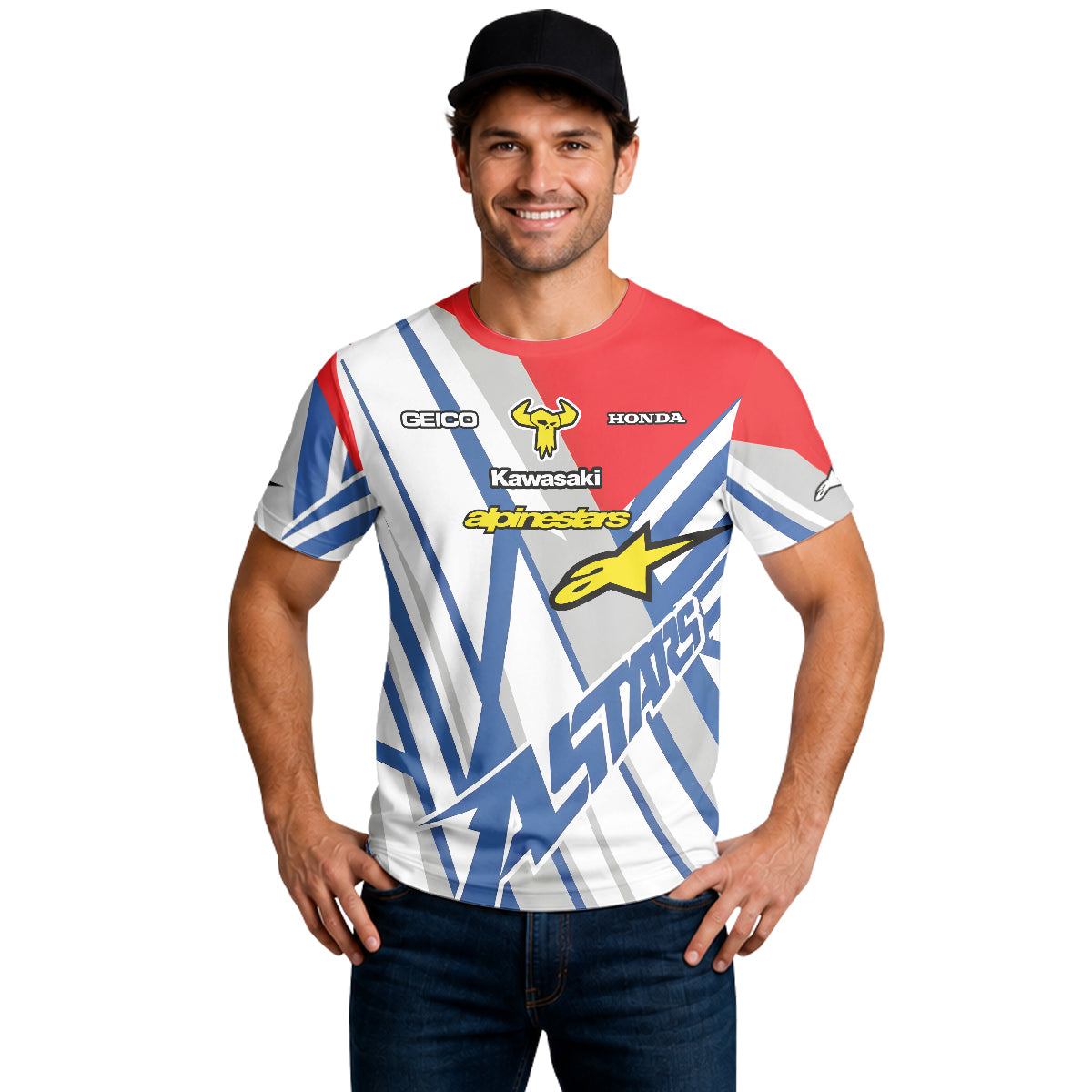 Eli Tomac #3 GEICO Honda Alpinestars Red Blue Short Sleeve Motocross Jersey – Lifestyle View