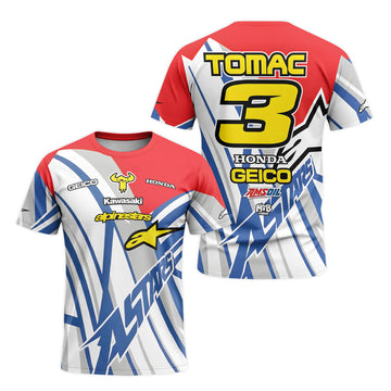 Eli Tomac #3 GEICO Honda Alpinestars Red Blue Short Sleeve Motocross Jersey – Front and Back View