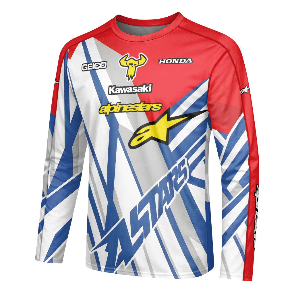 Eli Tomac #3 GEICO Honda Alpinestars Red Blue Youth Long Sleeve Motocross Jersey – Left Side View Mockup