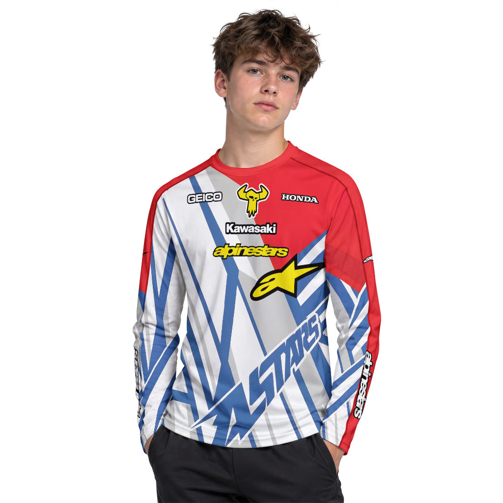 Eli Tomac #3 GEICO Honda Alpinestars Red Blue Youth Long Sleeve Motocross Jersey – Boy Lifestyle View