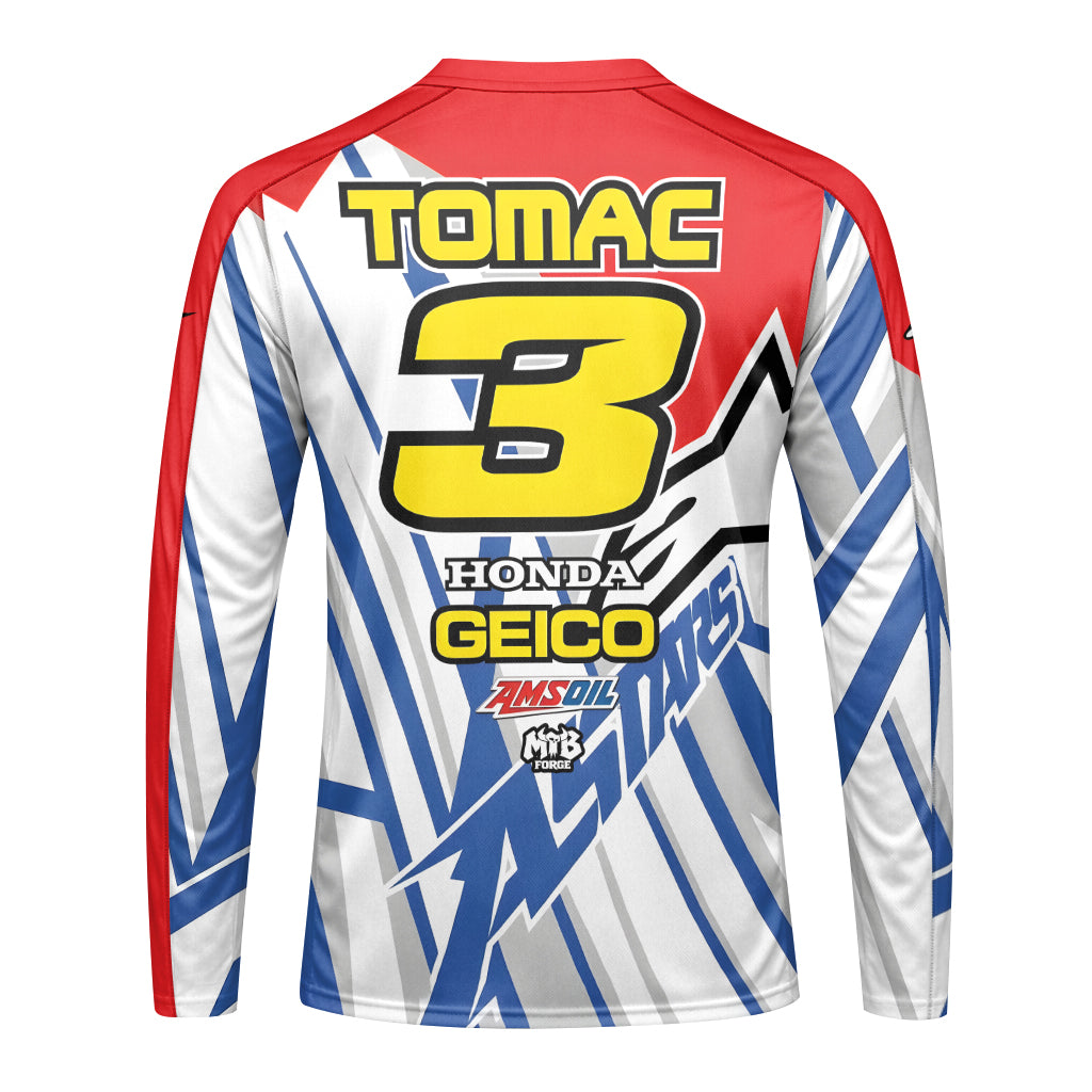 Eli Tomac #3 GEICO Honda Alpinestars Red Blue Youth Long Sleeve Motocross Jersey – Back View Mockup