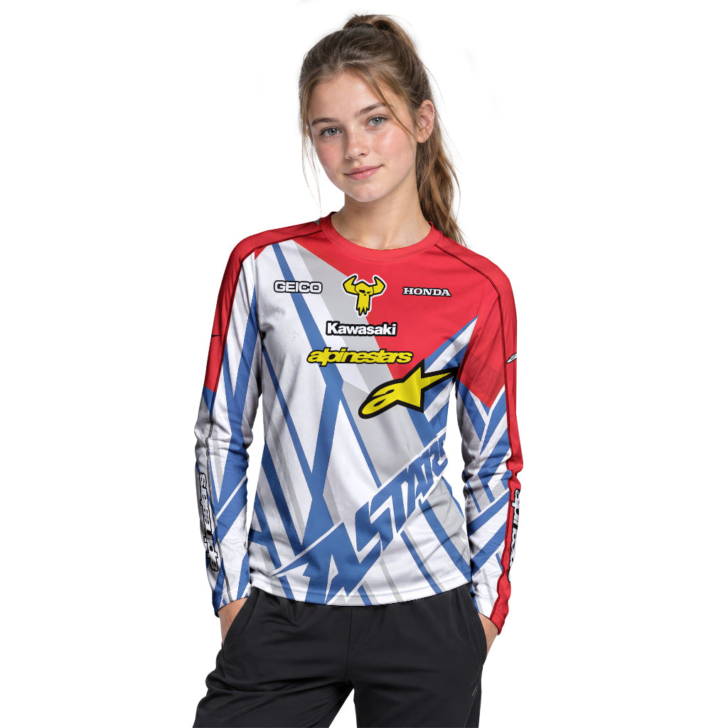 Eli Tomac #3 GEICO Honda Alpinestars Red Blue Youth Long Sleeve Motocross Jersey – Girl Lifestyle View