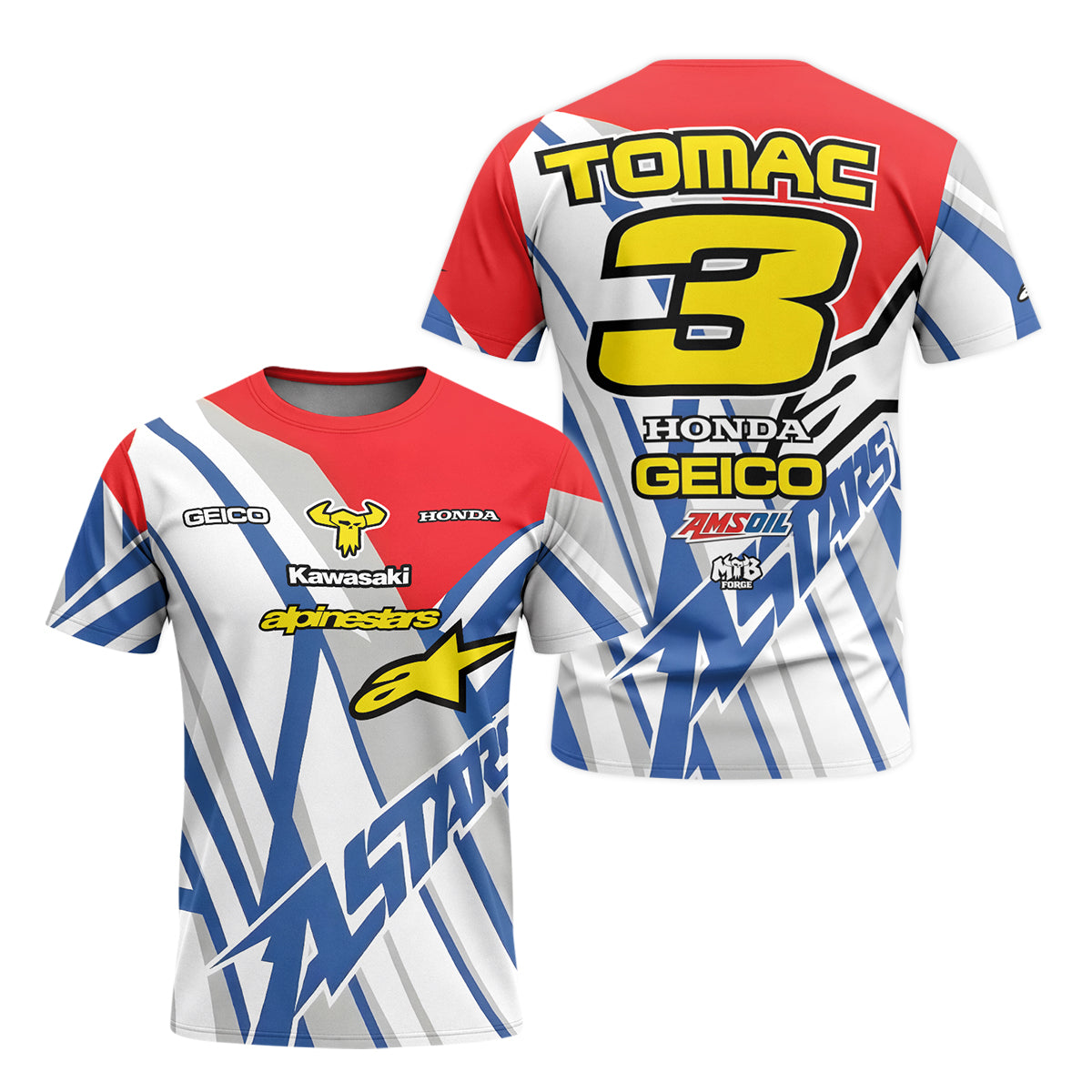Eli Tomac #3 GEICO Honda Alpinestars Red Blue Youth Short Sleeve Motocross Jersey – Front and Back View