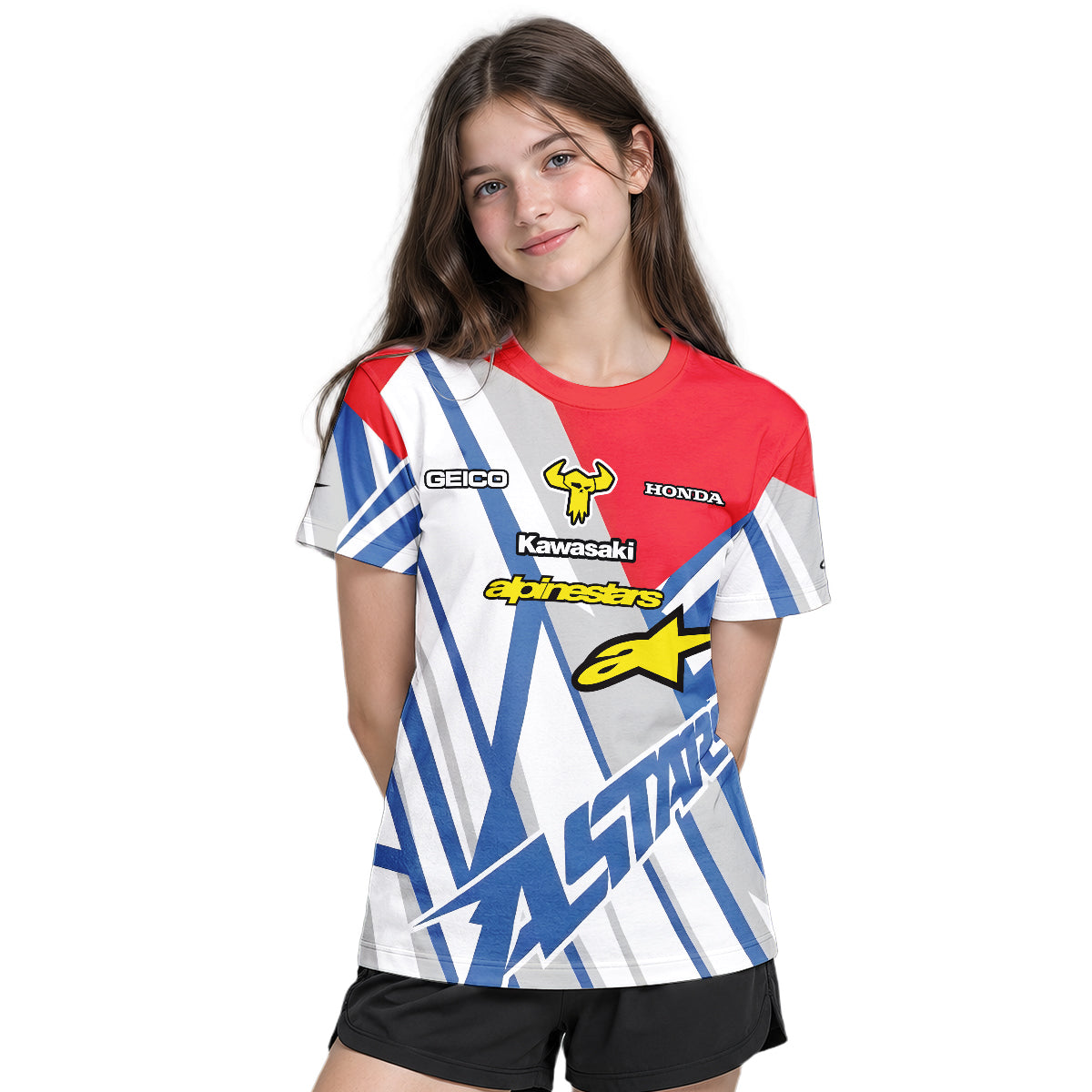 Eli Tomac #3 GEICO Honda Alpinestars Red Blue Youth Short Sleeve Motocross Jersey – Girl Lifestyle View