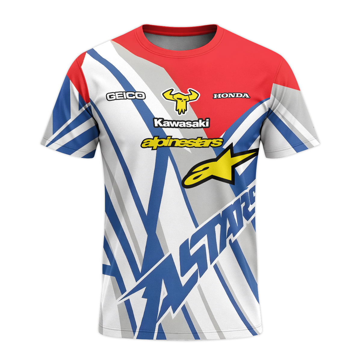 Eli Tomac #3 GEICO Honda Alpinestars Red Blue Youth Short Sleeve Motocross Jersey – Front View Mockup