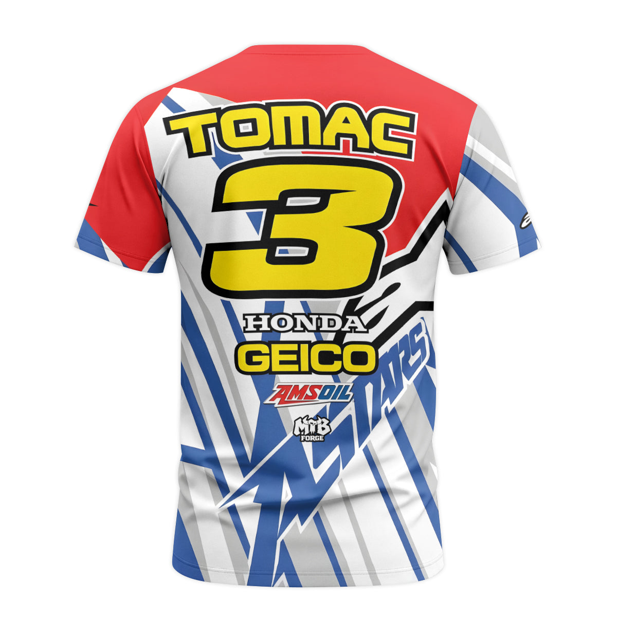 Eli Tomac #3 GEICO Honda Alpinestars Red Blue Youth Short Sleeve Motocross Jersey – Back View Mockup