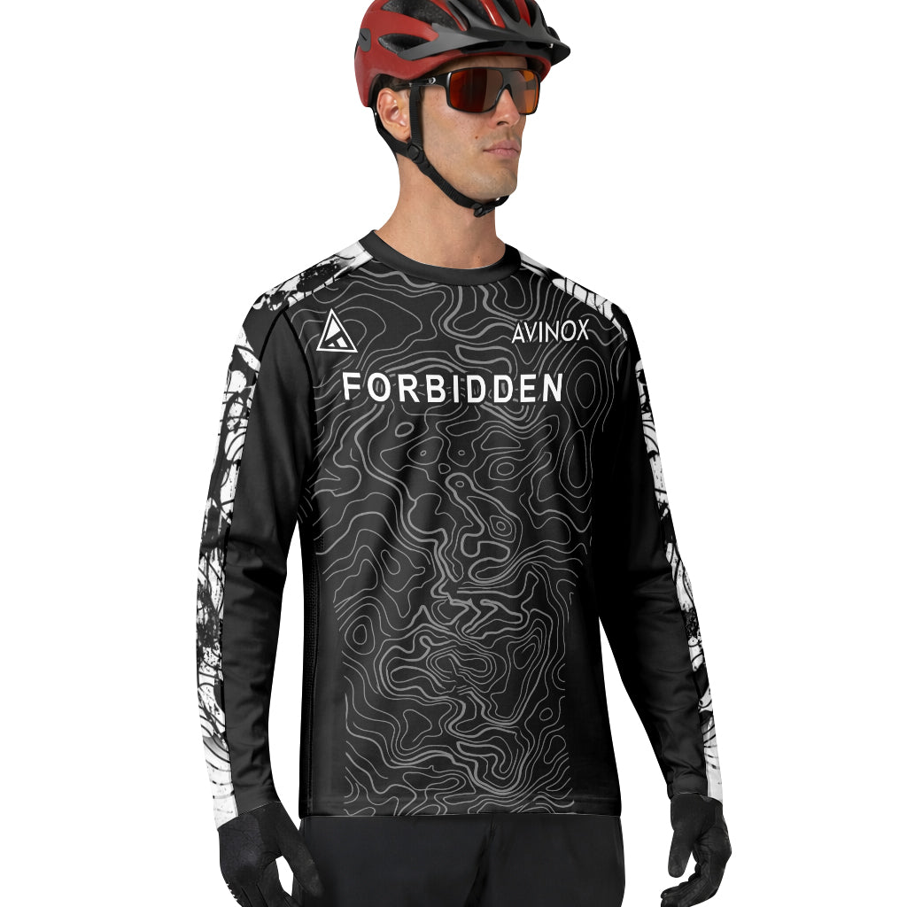Forbidden Black White Topographic Long Sleeve Mountain Bike Jersey – Lifestyle View