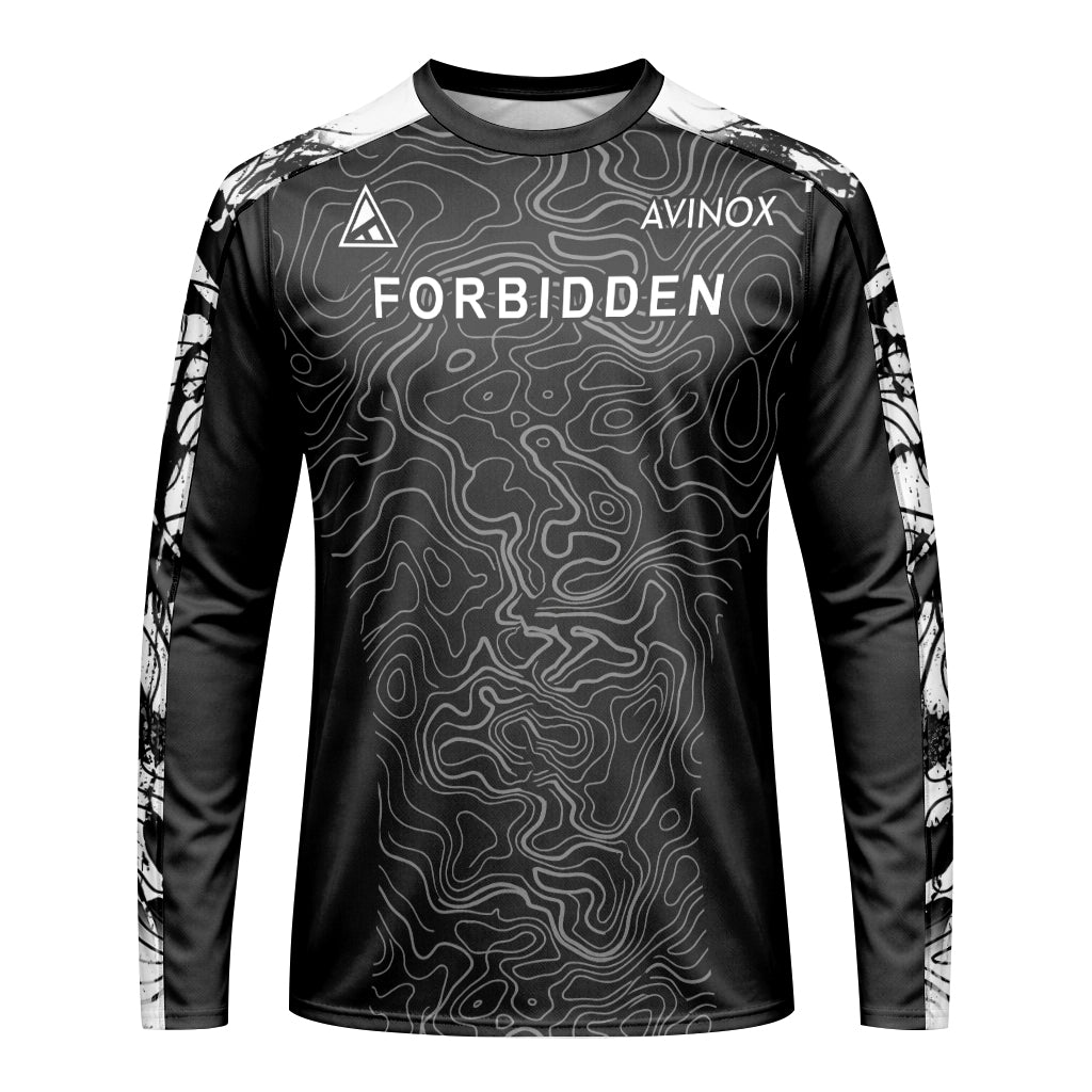 Forbidden Black White Topographic Long Sleeve Mountain Bike Jersey – Front View Mockup