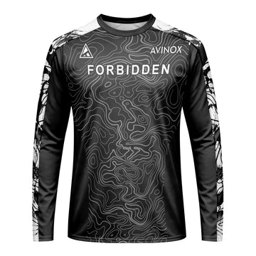 Forbidden Black White Topographic Long Sleeve Mountain Bike Jersey – Front View Mockup