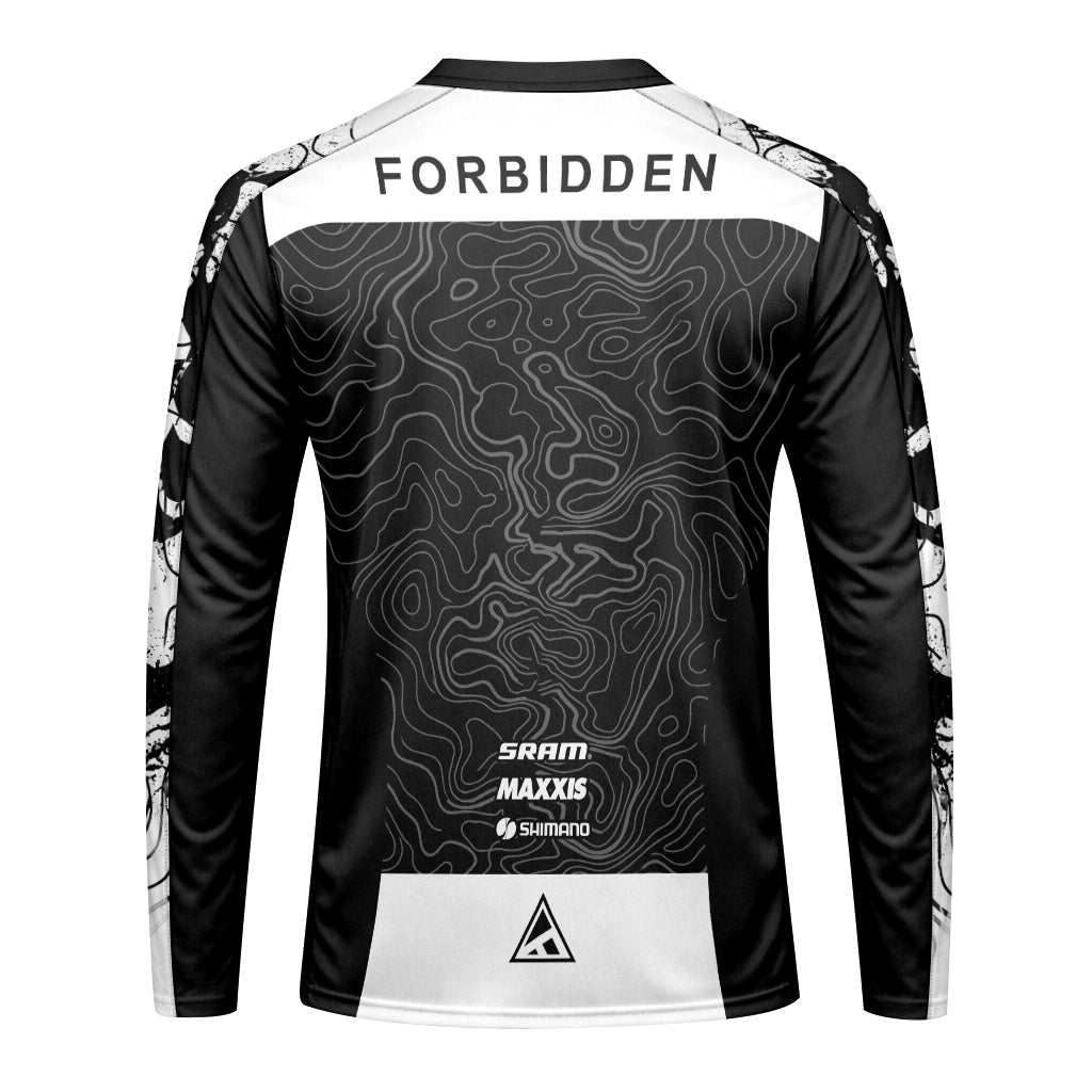 Forbidden Black White Topographic Long Sleeve Mountain Bike Jersey – Back View Mockup