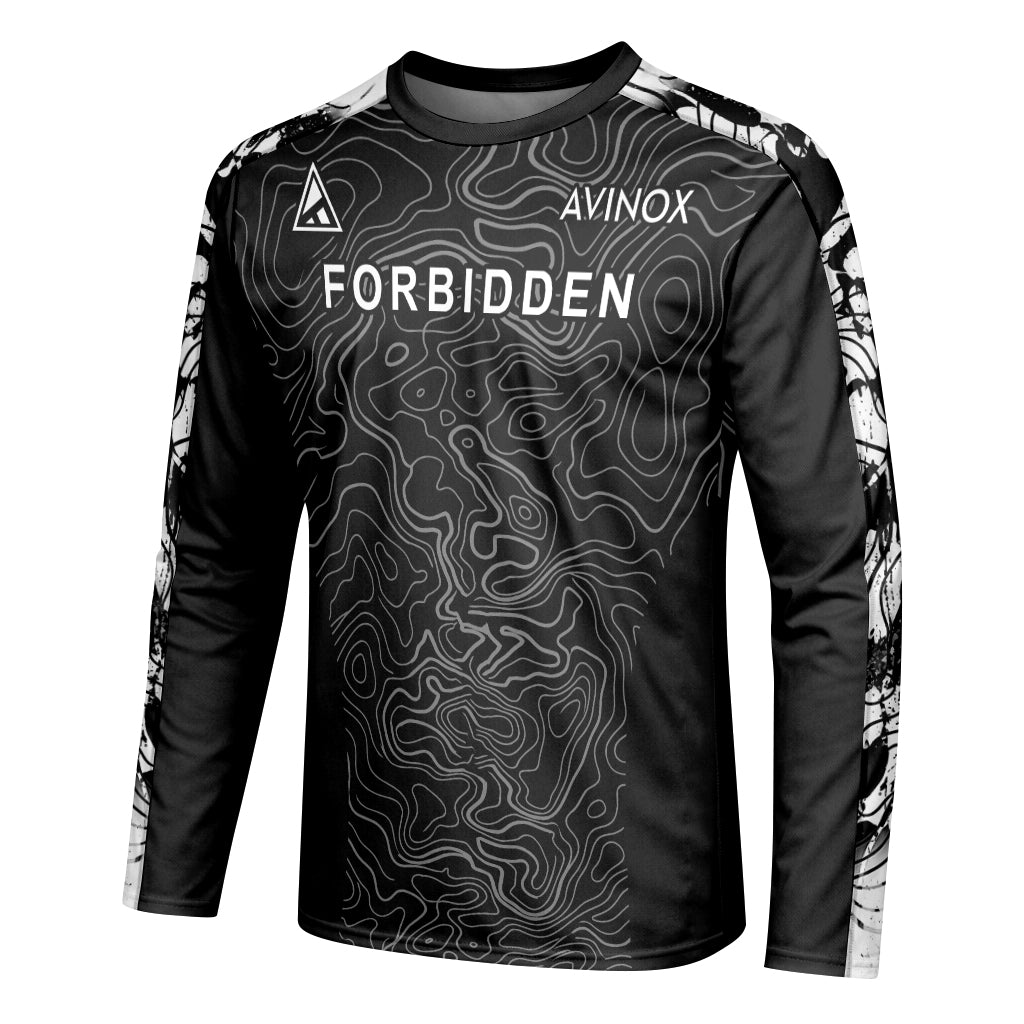 Forbidden Black White Topographic Long Sleeve Mountain Bike Jersey – Left Side View Mockup
