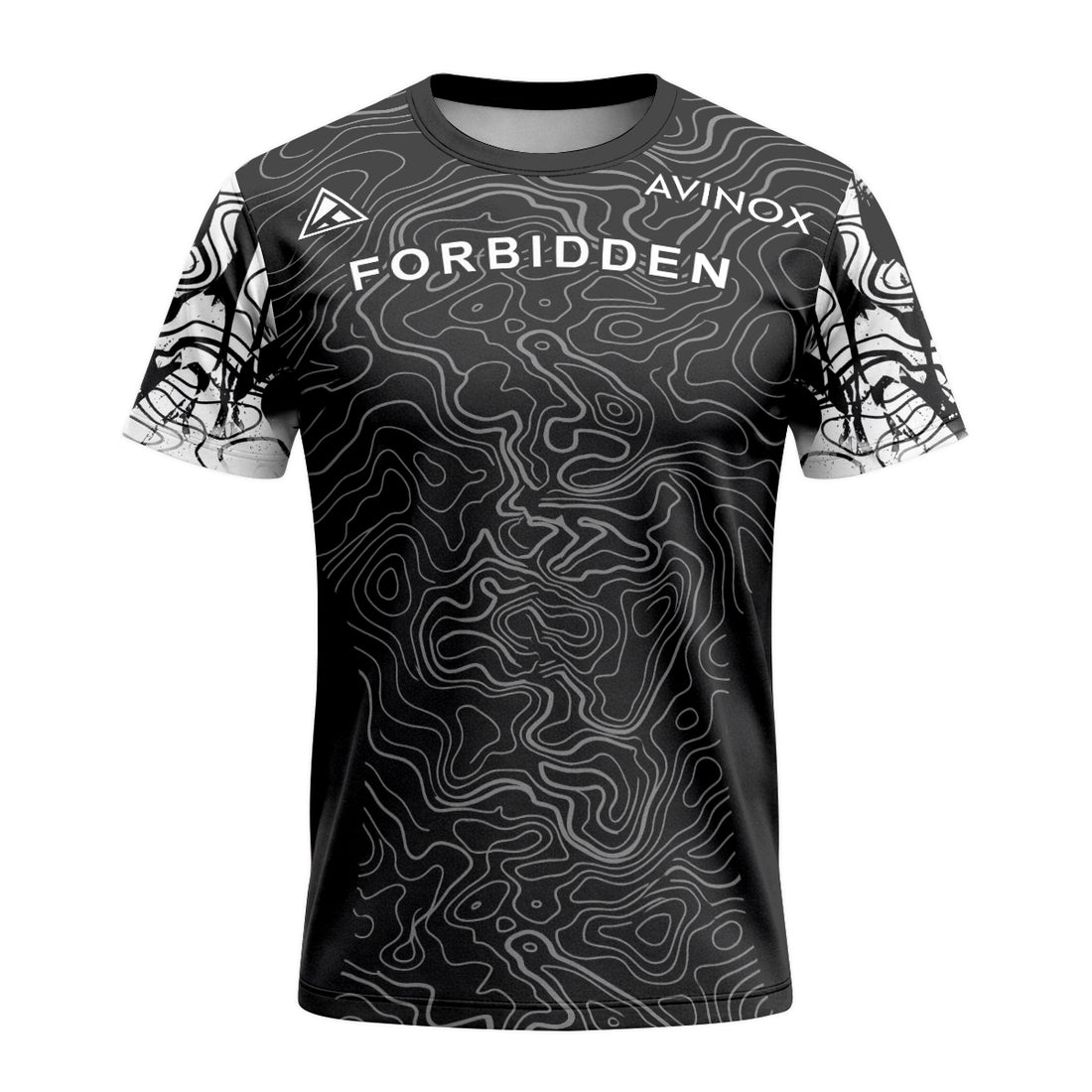 Forbidden Black White Topographic Short Sleeve Mountain Bike Jersey – Front and Back View