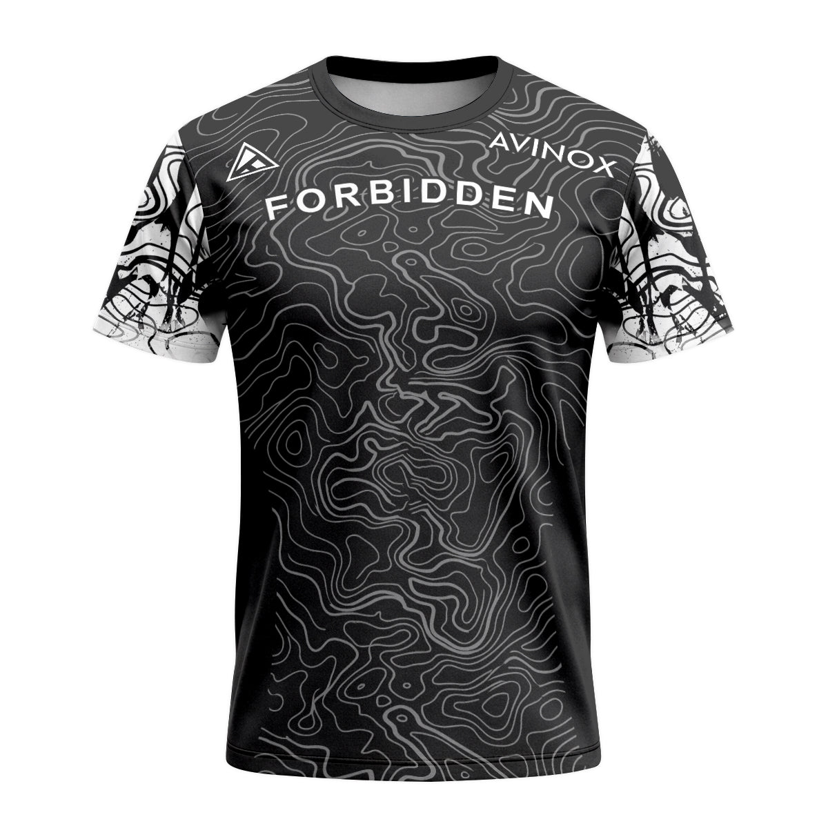 Forbidden Black White Topographic Short Sleeve Mountain Bike Jersey – Front View Mockup
