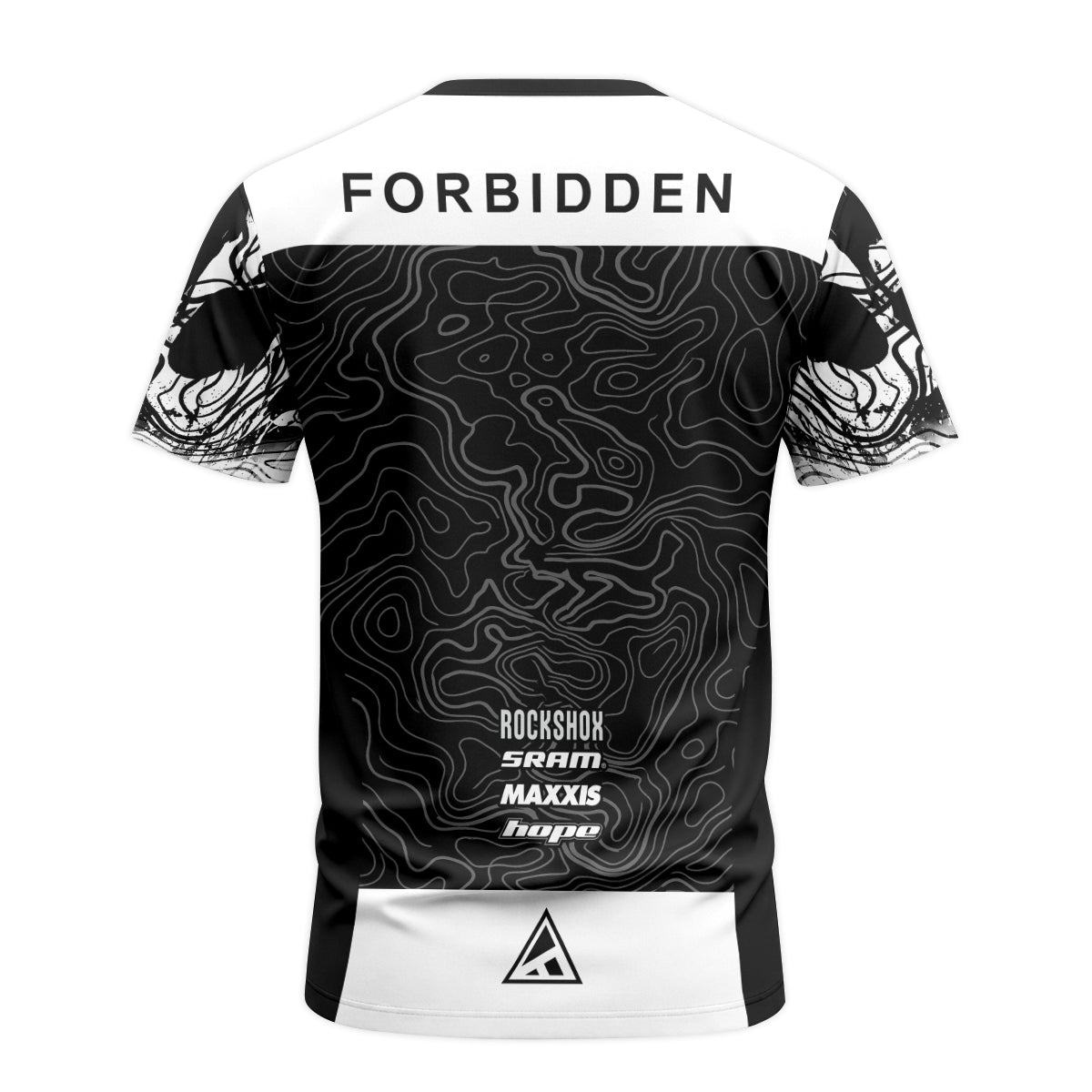 Forbidden Black White Topographic Short Sleeve Mountain Bike Jersey – Back View Mockup