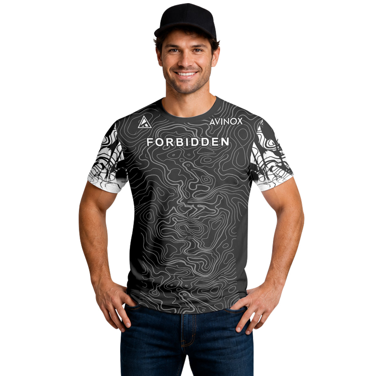 Forbidden Black White Topographic Short Sleeve Mountain Bike Jersey – Lifestyle View