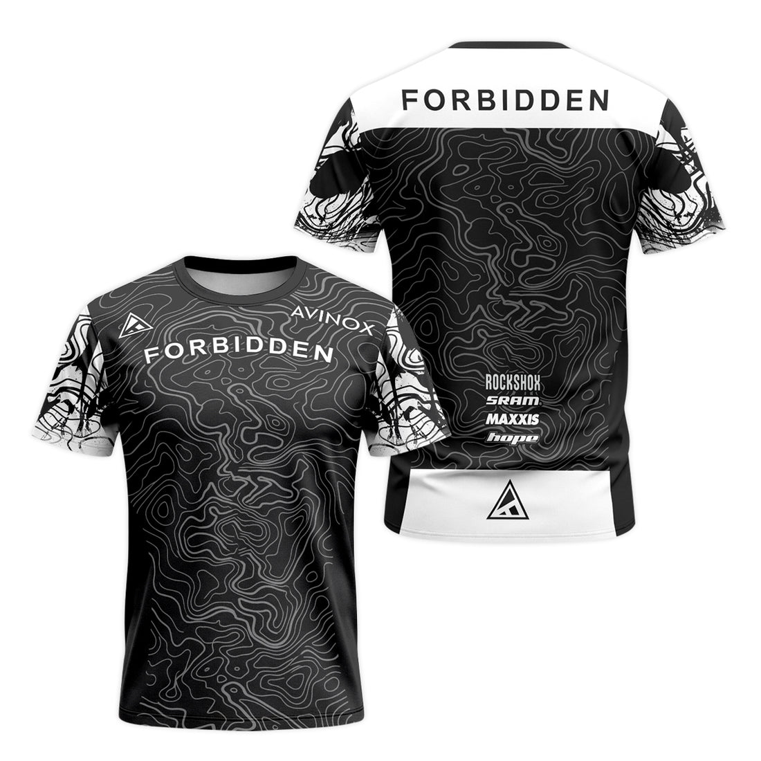Forbidden Black White Topographic Short Sleeve Mountain Bike Jersey – Front and Back View