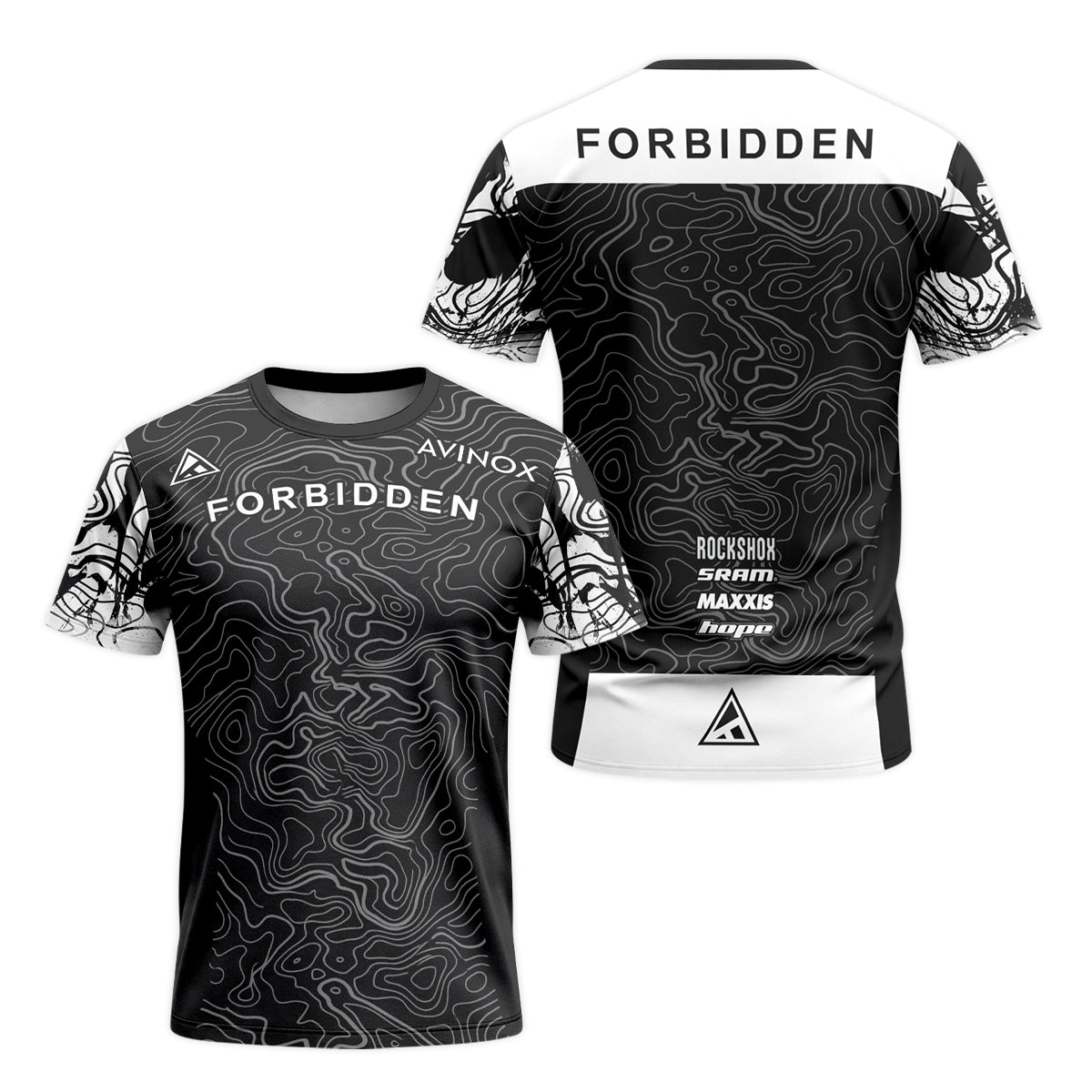 Forbidden Black White Topographic Short Sleeve Mountain Bike Jersey – Front and Back View