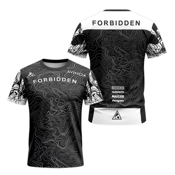 Forbidden Black White Topographic Short Sleeve Mountain Bike Jersey – Front and Back View