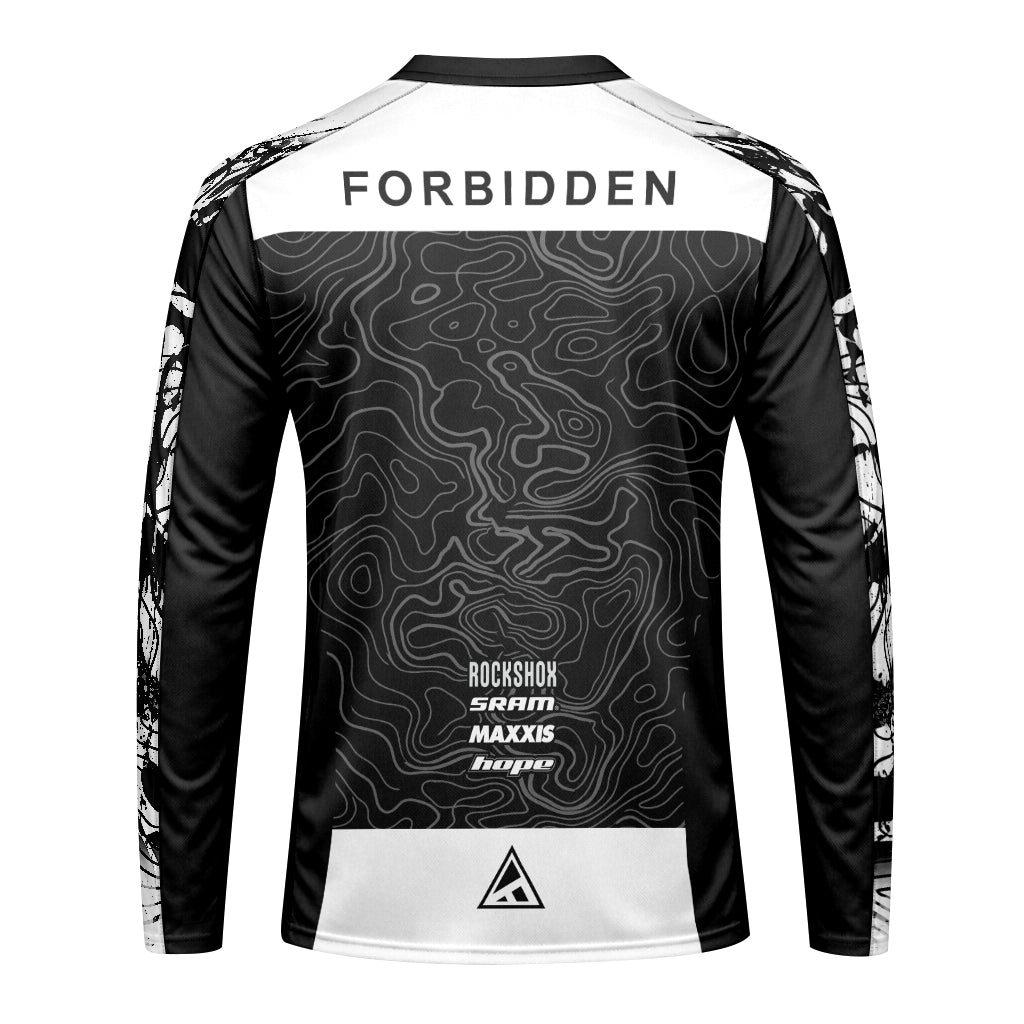 Forbidden Black White Topographic Youth Long Sleeve Mountain Bike Jersey – Back View Mockup
