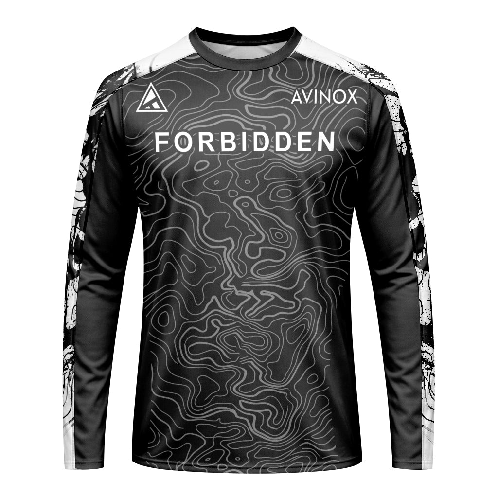 Forbidden Black White Topographic Youth Long Sleeve Mountain Bike Jersey – Front View Mockup
