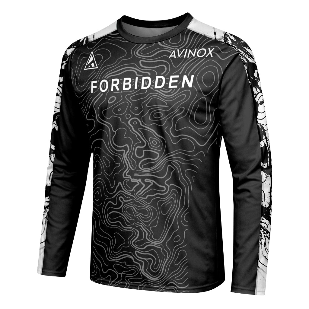 Forbidden Black White Topographic Youth Long Sleeve Mountain Bike Jersey – Left Side View Mockup