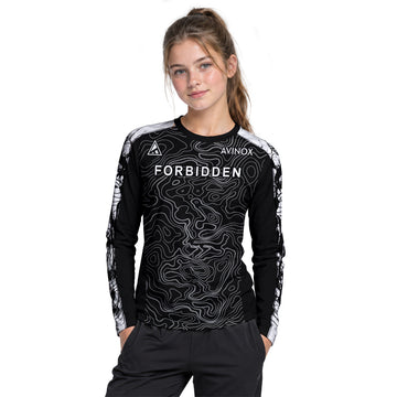 Forbidden Black White Topographic Youth Long Sleeve Mountain Bike Jersey – Girl Lifestyle View