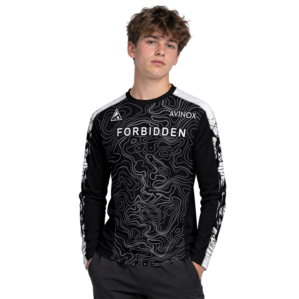 Forbidden Black White Topographic Youth Long Sleeve Mountain Bike Jersey – Boy Lifestyle View