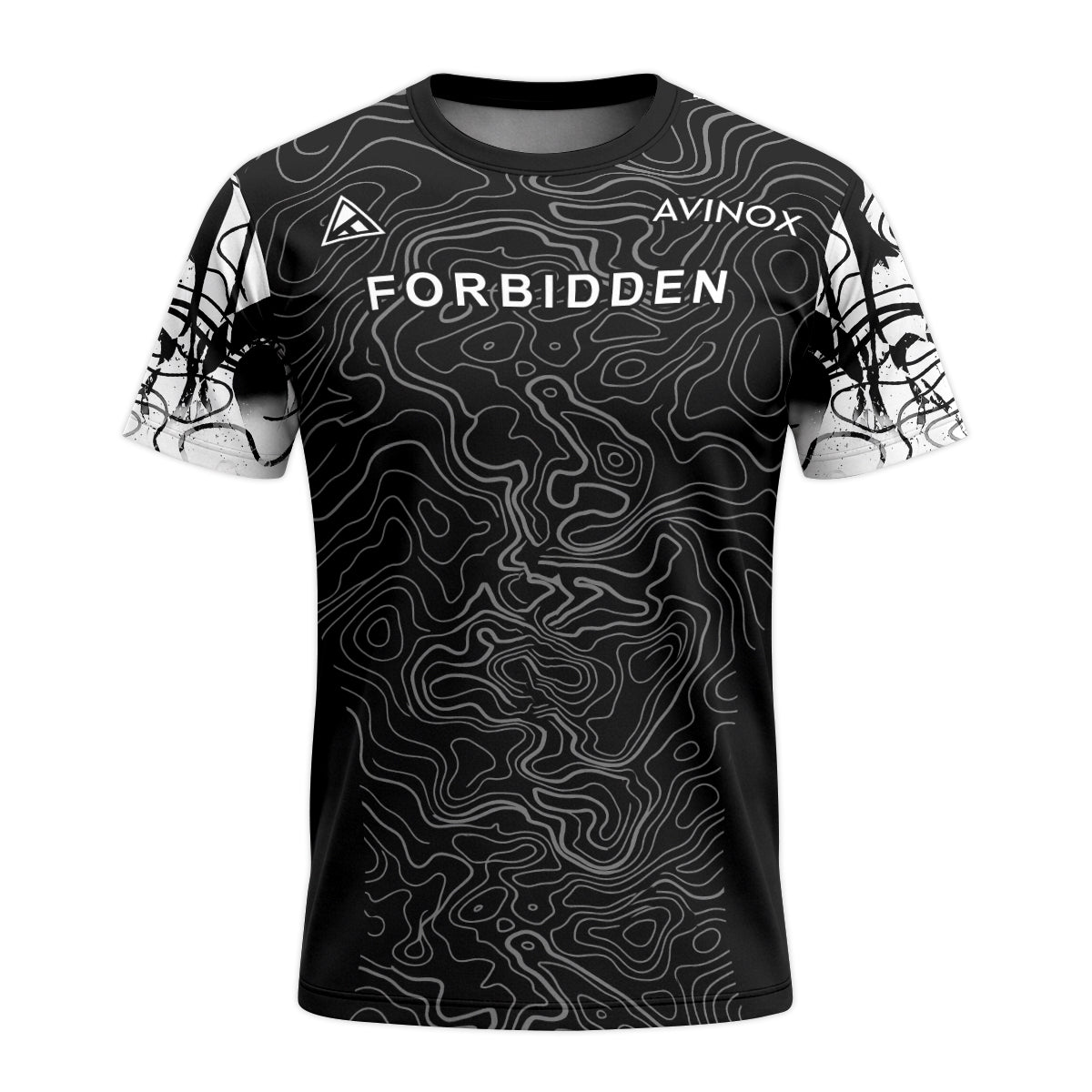 Forbidden Black White Topographic Youth Short Sleeve Mountain Bike Jersey – Front View Mockup