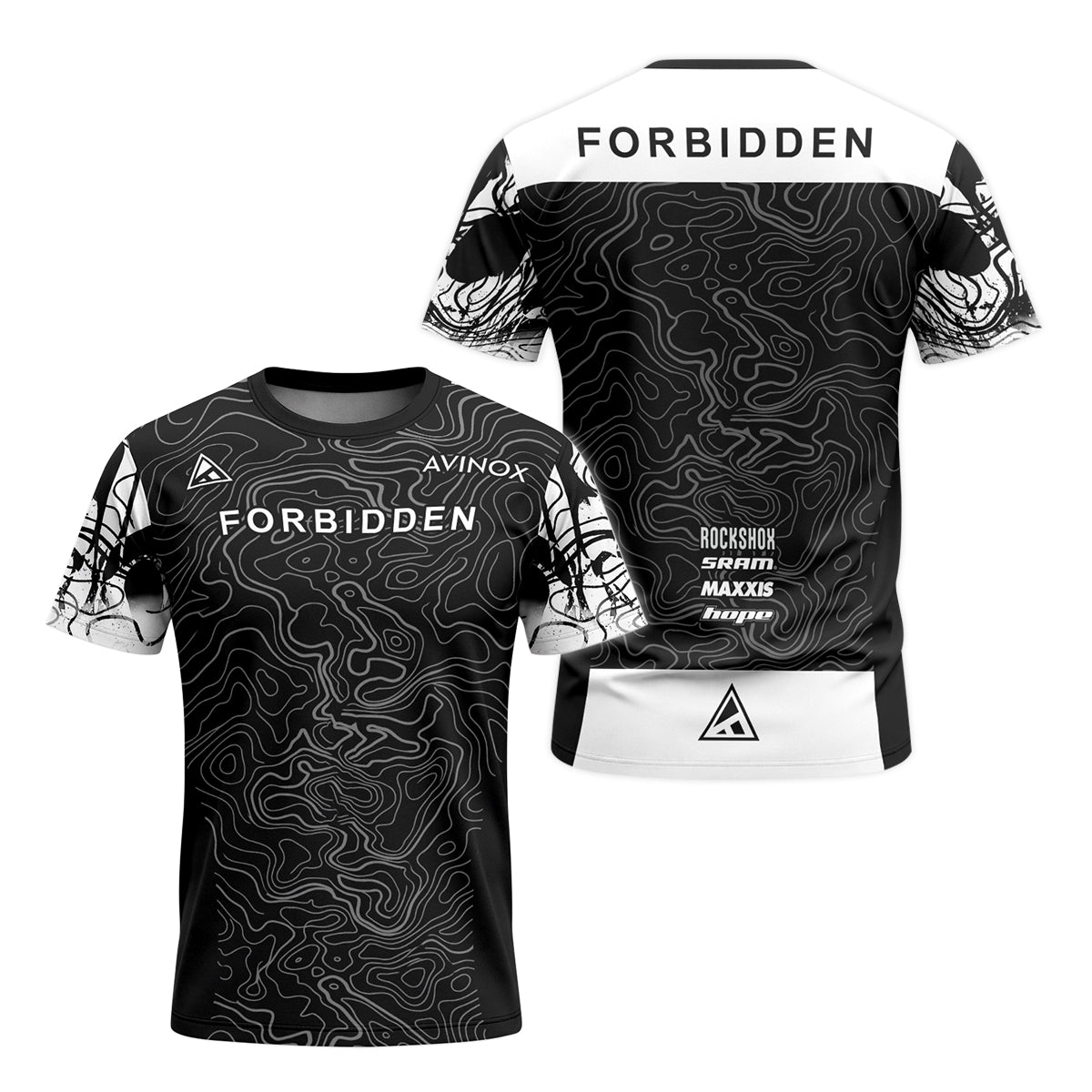 Forbidden Black White Topographic Youth Short Sleeve Mountain Bike Jersey – Front and Back View