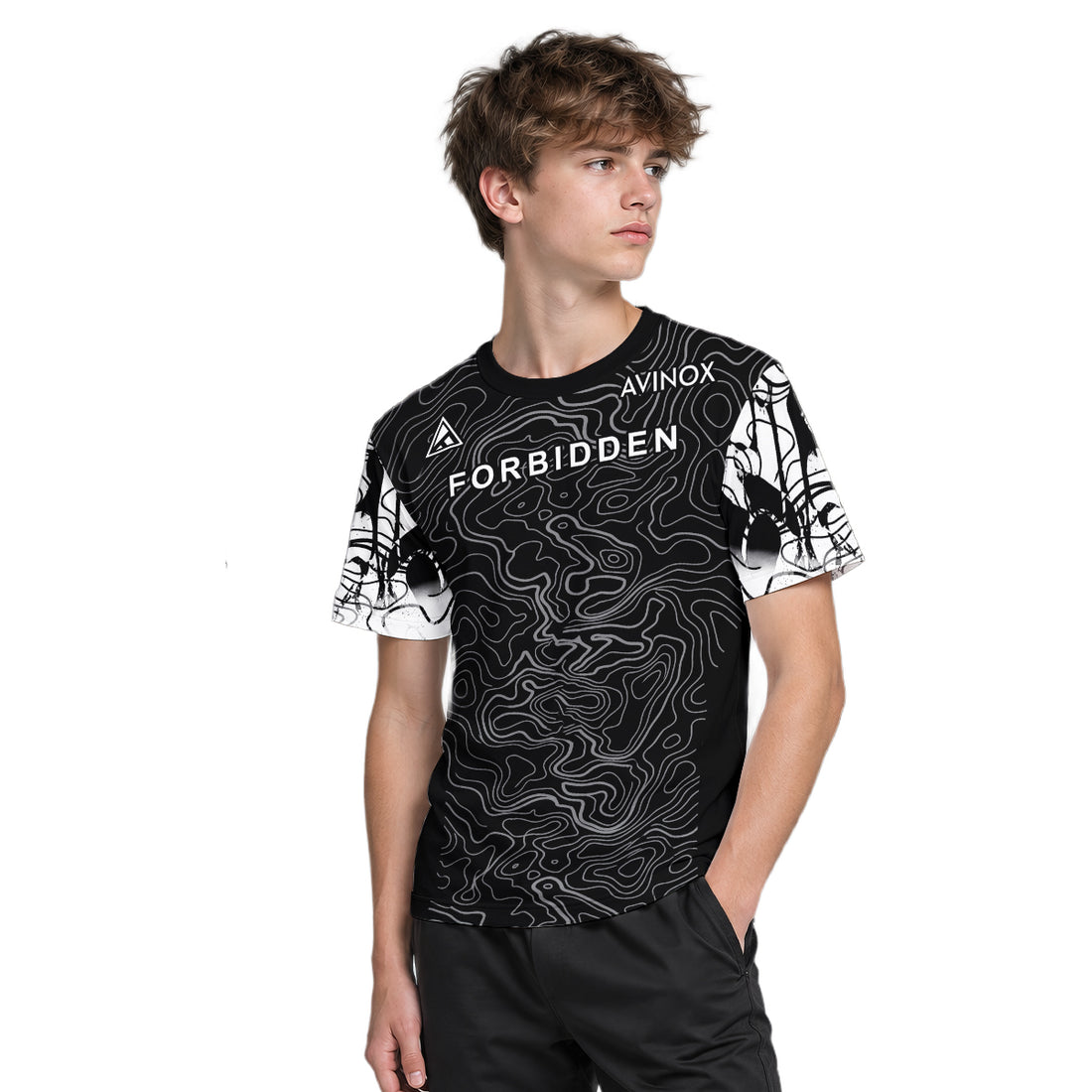 Forbidden Black White Topographic Youth Short Sleeve Mountain Bike Jersey – Boy Lifestyle View