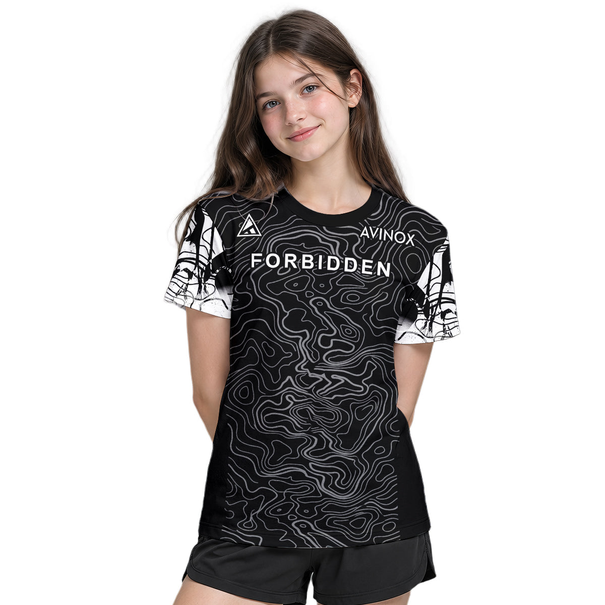 Forbidden Black White Topographic Youth Short Sleeve Mountain Bike Jersey – Girl Lifestyle View