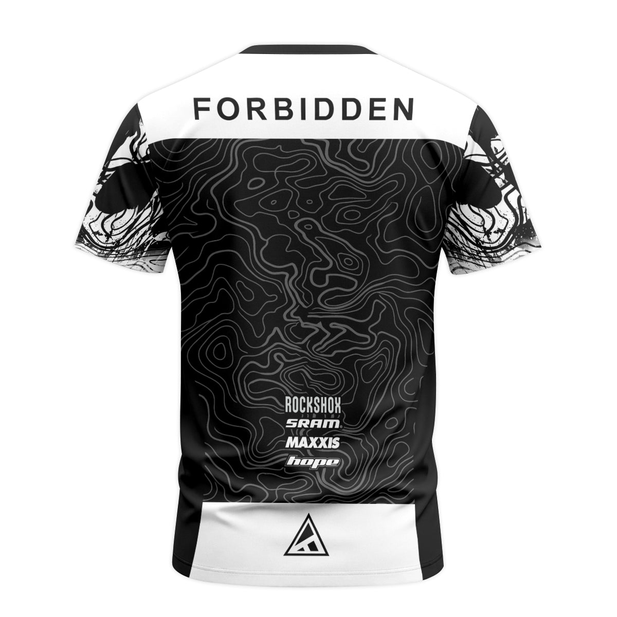 Forbidden Black White Topographic Youth Short Sleeve Mountain Bike Jersey – Back View Mockup