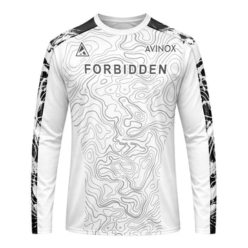 Forbidden White Black Topographic Long Sleeve Mountain Bike Jersey – Front View Mockup