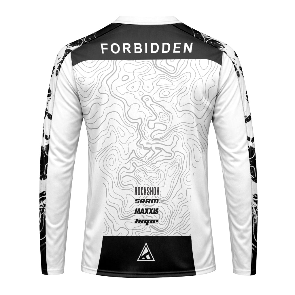 Forbidden White Black Topographic Long Sleeve Mountain Bike Jersey – Front View Mockup